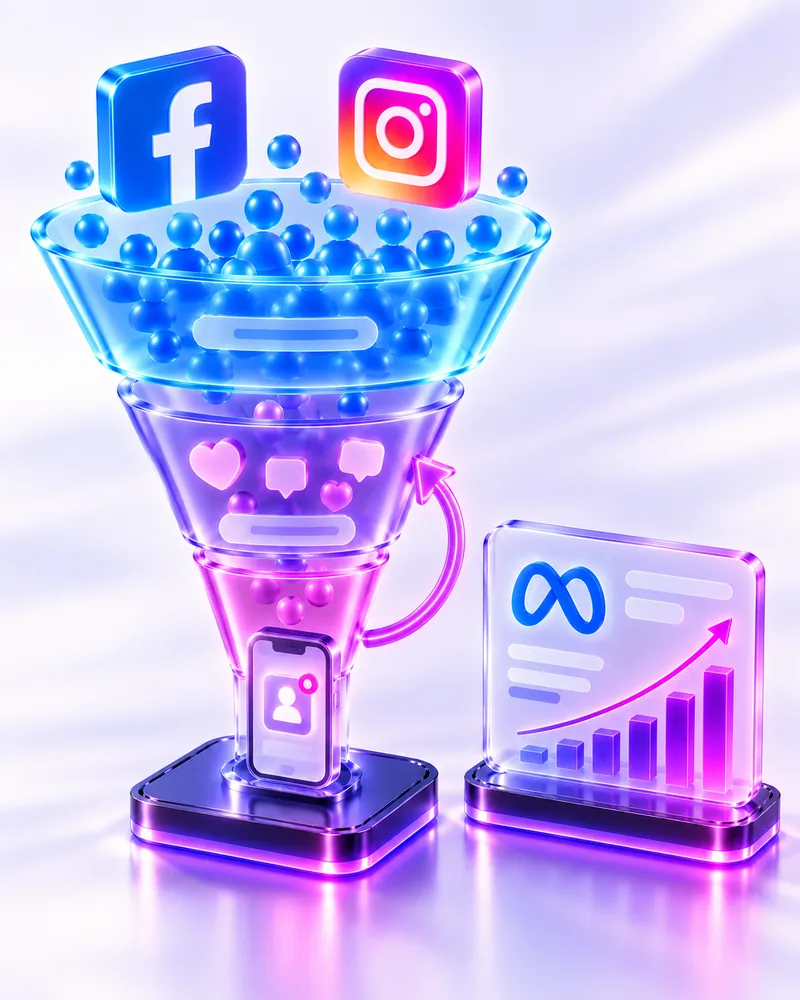 Фунията на една Meta кампания — достигане във Facebook и Instagram, ангажиране, лид и ретаргетинг, с растящ резултат в таблото