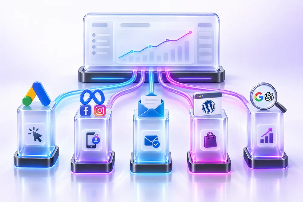 Измерване по канали — Google Ads, Meta, имейл, уебсайт и SEO & AI видимост, събрани в едно табло с резултати