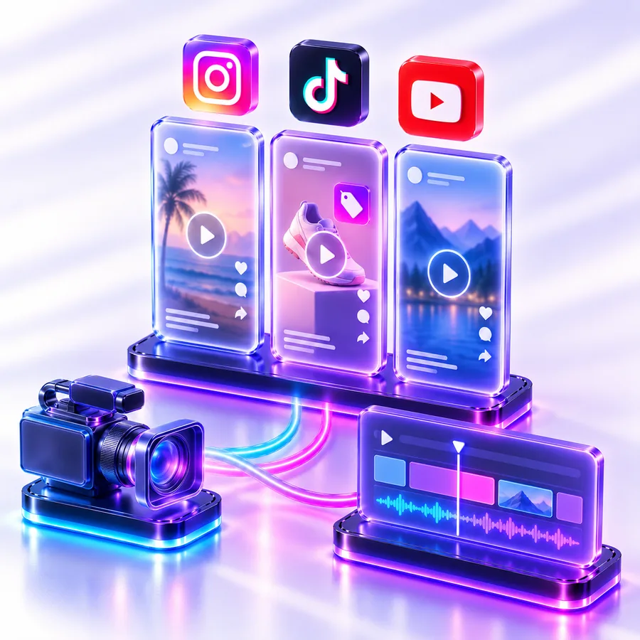 Видео съдържание за Instagram, TikTok и YouTube — вертикални reels, продуктово видео, камера и монтажна лента
