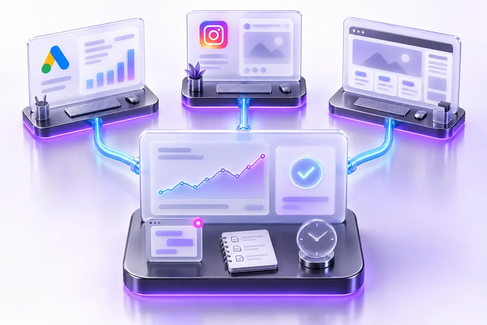 Малък екип, фокусиран върху един клиент — Google Ads, Instagram реклама и сайт, събрани в общ панел с бърза комуникация